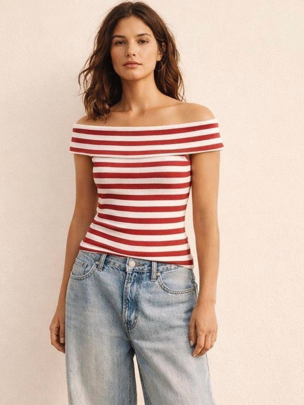 Banana Republic Red & White Off-Shoulder Striped Top